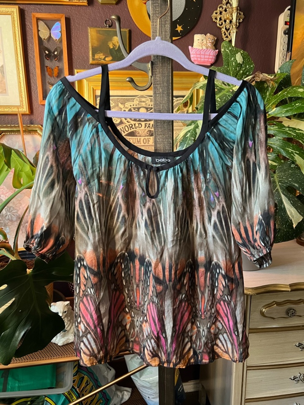 Y2K Vintage Bebe Shoulder Cut Out Silk Butterfly Tunic Top Size XS